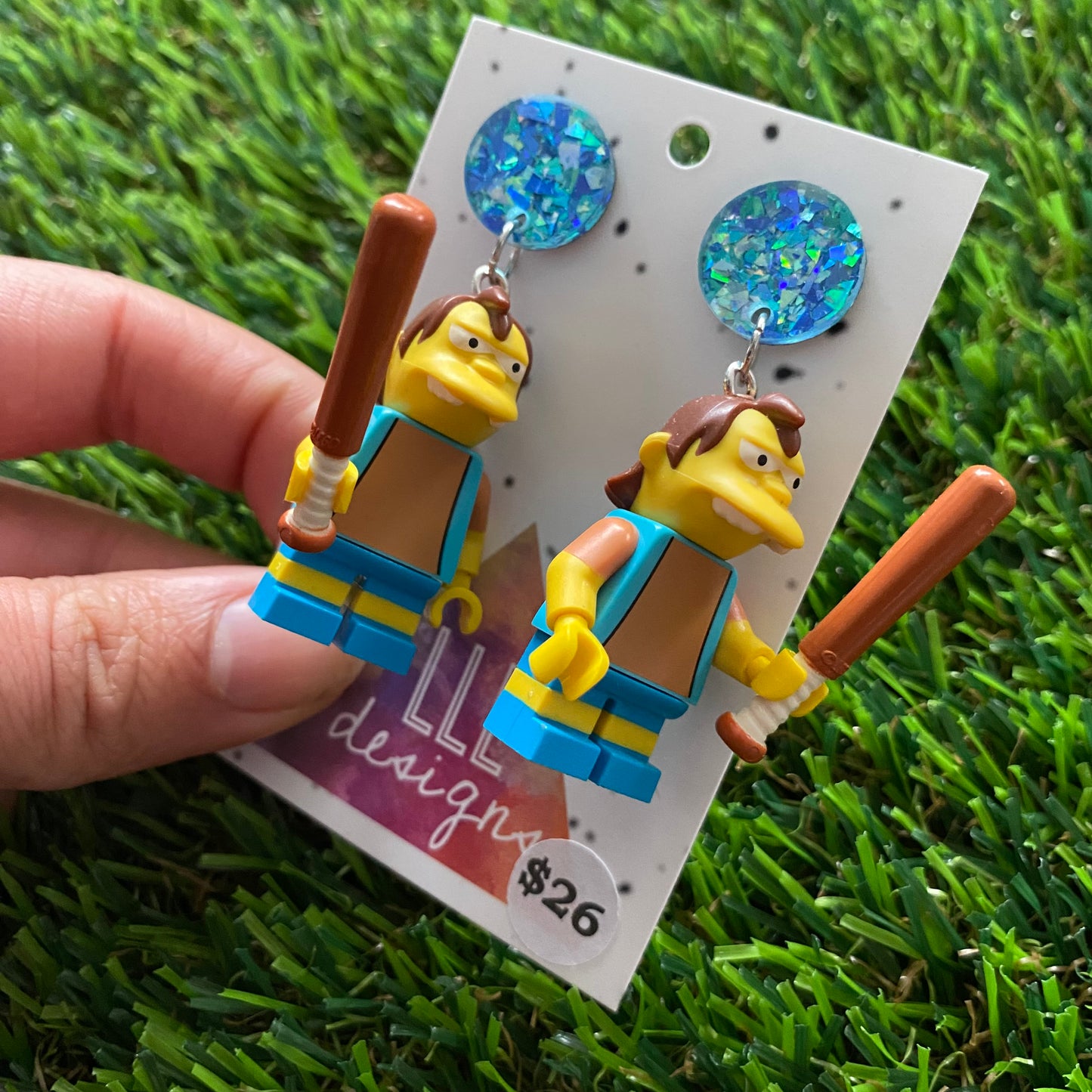 Cartoon Bully Brick Character Dangle Earrings - Featuring a Iridescent Glitter Blue Top!