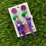 Clown Villain Brick Character Dangle Earrings - Featuring a Purple Mirror Top and Extravagant Villain Outfit!