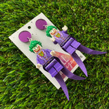 Clown Villain Brick Character Dangle Earrings - Featuring a Purple Mirror Top and Extravagant Villain Outfit!