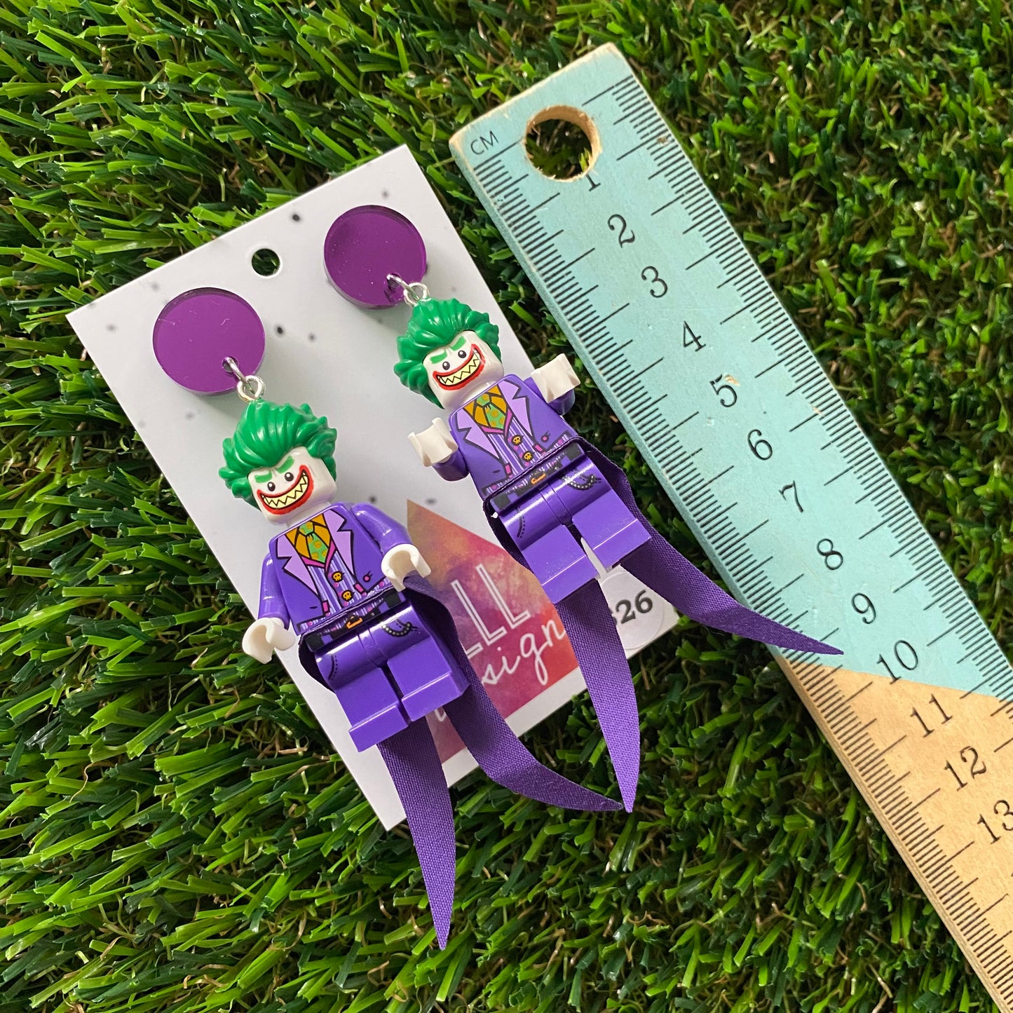 Clown Villain Brick Character Dangle Earrings - Featuring a Purple Mirror Top and Extravagant Villain Outfit!