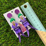 Clown Villain Brick Character Dangle Earrings - Featuring a Purple Mirror Top and Extravagant Villain Outfit!