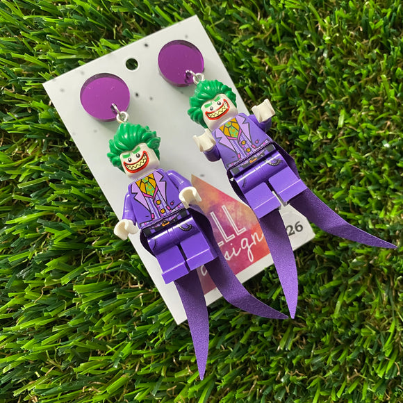 Clown Villain Brick Character Dangle Earrings - Featuring a Purple Mirror Top and Extravagant Villain Outfit!