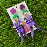 Clown Villain Brick Character Dangle Earrings - Featuring a Purple Mirror Top and Extravagant Villain Outfit!