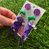 Clown Villain Brick Character Dangle Earrings - Featuring a Purple Mirror Top and Extravagant Villain Outfit!