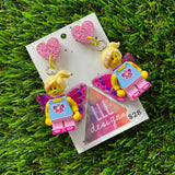 Butterfly Flower Girl Character Dangle Earrings - Featuring a Glitter Pink Heart-Shaped Top!