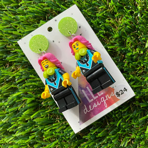 Pink Haired Gamer Brick Character Dangle Earrings - Featuring a Glitter Green Top!