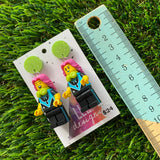 Pink Haired Gamer Brick Character Dangle Earrings - Featuring a Glitter Green Top!