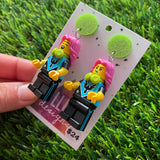 Pink Haired Gamer Brick Character Dangle Earrings - Featuring a Glitter Green Top!