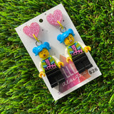 Fun and Fab Felisha Brick Character Dangle Earrings - Featuring a Glittery Pink Heart-Shaped Top!