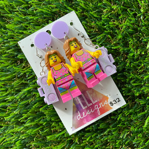 Let's Get Physical! Retro-Style Brick Character Dangle Earrings - Featuring a Pastel Purple Top!