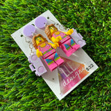 Let's Get Physical! Retro-Style Brick Character Dangle Earrings - Featuring a Pastel Purple Top!