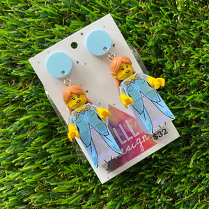 Elf Maiden Brick Character Dangle Earrings - Featuring a Pastel Blue Top and Optional Shield & Sword Accessories!