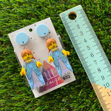 Elf Maiden Brick Character Dangle Earrings - Featuring a Pastel Blue Top and Optional Shield & Sword Accessories!