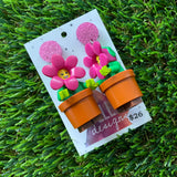 Pot Plant Brick Character Dangle Earrings - Featuring a Glittery Pink Top!