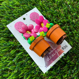 Pot Plant Brick Character Dangle Earrings - Featuring a Glittery Pink Top!