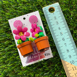 Pot Plant Brick Character Dangle Earrings - Featuring a Glittery Pink Top!