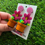 Pot Plant Brick Character Dangle Earrings - Featuring a Glittery Pink Top!