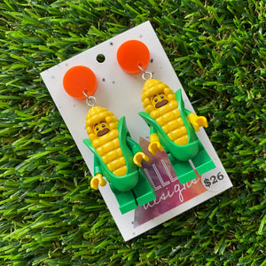 Corn Guy Brick Character Dangle Earrings - Featuring a Orange Top!