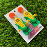 Corn Guy Brick Character Dangle Earrings - Featuring a Orange Top!