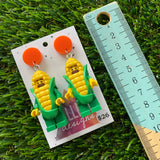 Corn Guy Brick Character Dangle Earrings - Featuring a Orange Top!