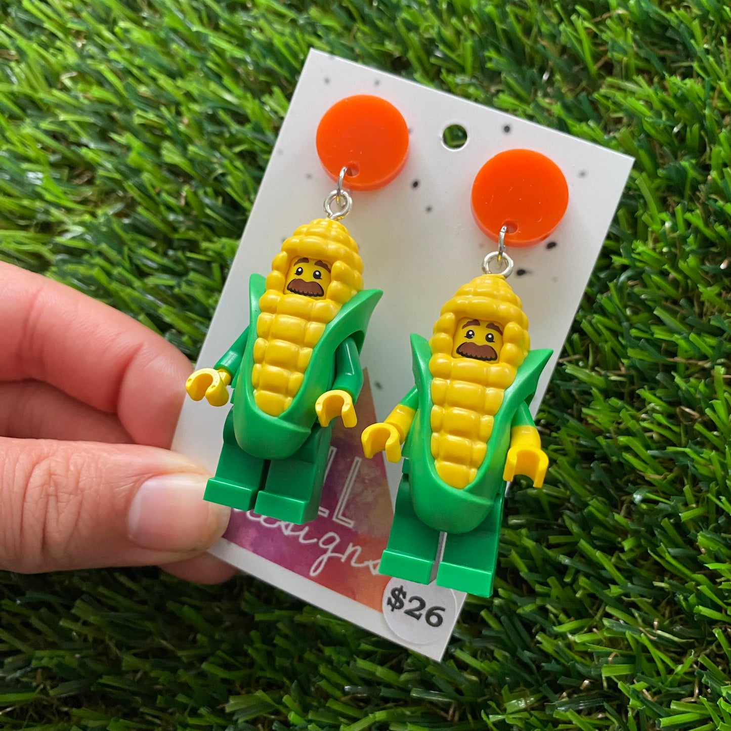 Corn Guy Brick Character Dangle Earrings - Featuring a Orange Top!