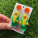 Corn Guy Brick Character Dangle Earrings - Featuring a Orange Top!