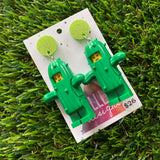 Cactus Girl Brick Character Dangle Earrings - Featuring a Glittery Green Top! Don't be a Prick LOL!