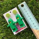 Cactus Girl Brick Character Dangle Earrings - Featuring a Glittery Green Top! Don't be a Prick LOL!