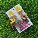 Ride them Cow Boy Brick Character Dangle Earrings - Featuring a Glittery Yellow Top!