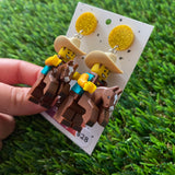 Ride them Cow Boy Brick Character Dangle Earrings - Featuring a Glittery Yellow Top!