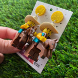 Ride them Cow Boy Brick Character Dangle Earrings - Featuring a Glittery Yellow Top!