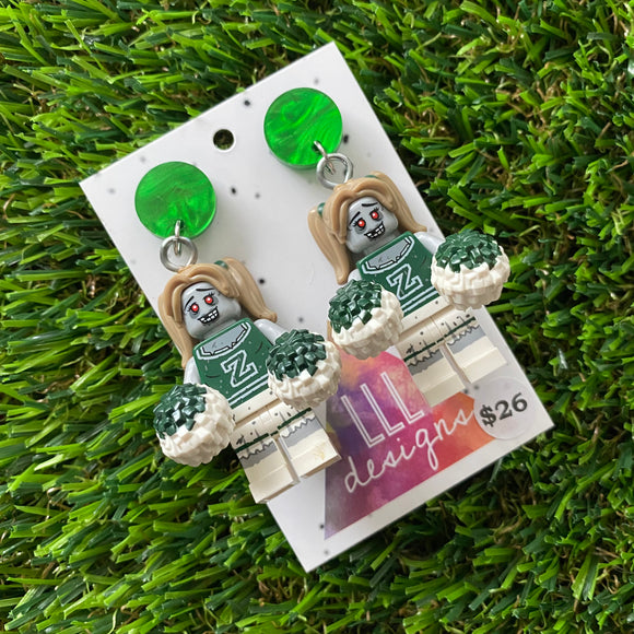 Zombie Cheerleader Brick Character Dangle Earrings - Featuring a Green Galaxy Swirl Top!