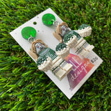 Zombie Cheerleader Brick Character Dangle Earrings - Featuring a Green Galaxy Swirl Top!