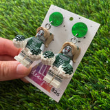 Zombie Cheerleader Brick Character Dangle Earrings - Featuring a Green Galaxy Swirl Top!