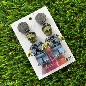 Monster Man (denim) Brick Character Dangle Earrings - Featuring a Glittery Black Top!