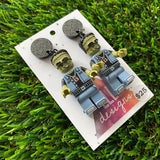 Monster Man (denim) Brick Character Dangle Earrings - Featuring a Glittery Black Top!