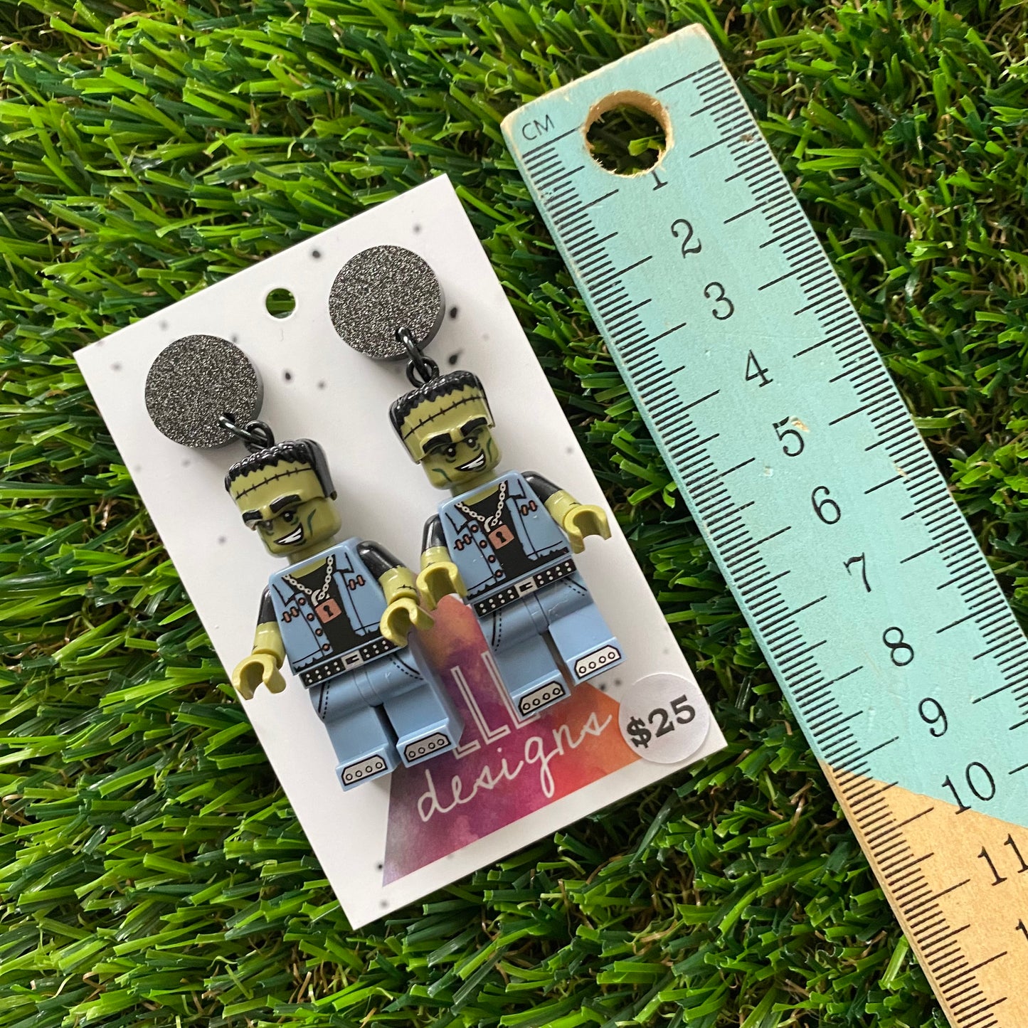 Monster Man (denim) Brick Character Dangle Earrings - Featuring a Glittery Black Top!