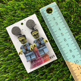 Monster Man (denim) Brick Character Dangle Earrings - Featuring a Glittery Black Top!