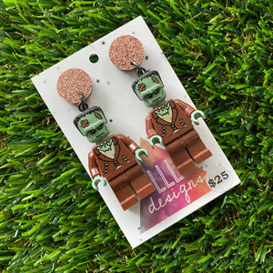 Monster Man (brown shirt) Brick Character Dangle Earrings - Featuring a Glittery Brown Top!