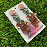 Monster Man (brown shirt) Brick Character Dangle Earrings - Featuring a Glittery Brown Top!