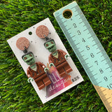 Monster Man (brown shirt) Brick Character Dangle Earrings - Featuring a Glittery Brown Top!