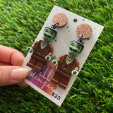 Monster Man (brown shirt) Brick Character Dangle Earrings - Featuring a Glittery Brown Top!