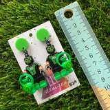 Green Superhero Brick Character Dangle Earrings - Featuring a Neon Green Top!