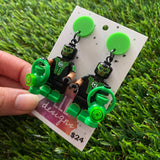 Green Superhero Brick Character Dangle Earrings - Featuring a Neon Green Top!