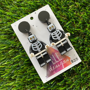 Black Skeleton Brick Character Dangle Earrings - Featuring a Black Top!