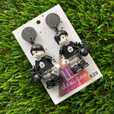 Spooky Boy Brick Character Dangle Earrings - Featuring a Glittery Black Top!