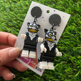 Black Dress Up Kitty Brick Character Dangle Earrings - Featuring a Glittery Black Top!