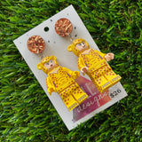 Cheetah Costume Girl Brick Character Dangle Earrings - Featuring a Glitter Copper Top!&nbsp;