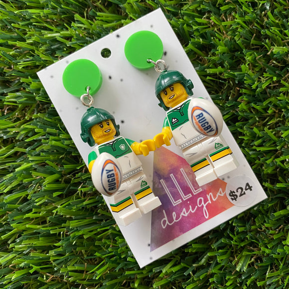 Rugby Guy Brick Character Dangle Earrings - Featuring a Bright Green Top!