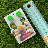 Rugby Guy Brick Character Dangle Earrings - Featuring a Bright Green Top!